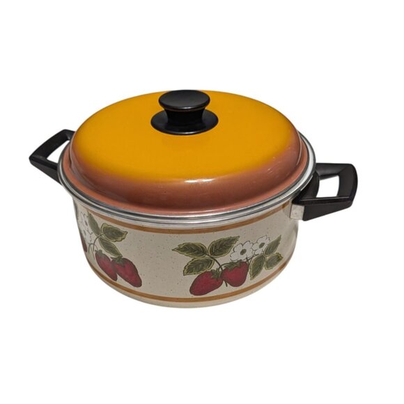 Strawberry Enamel Stew Pot Lid 6 Quart Yellow White Retro Cookware Vintage - Picture 1 of 16
